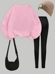 Autumn/Winter Girls' Casual Fashion Creative Personalized Fresh Minimalist High-End Cool Virtual Girl Group Cartoon Character Glitter Pentagram Logo Graphic Print Sweatshirt And Leggings Set, Comfortable Cozy Fall & Winter Styles - Multicolor - View 2