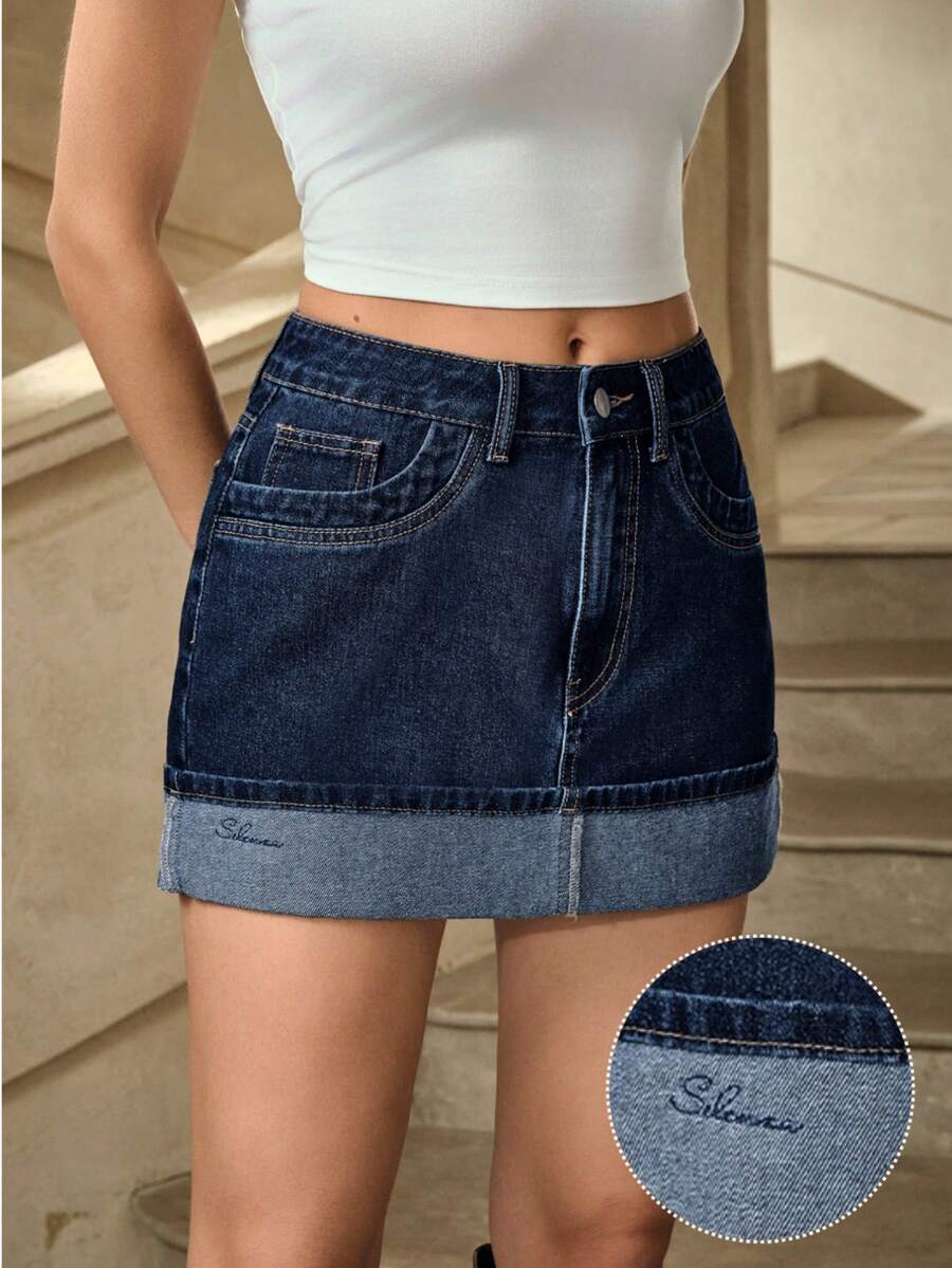 Selenza 新款休闲宽松深色水洗小众优雅毛边下摆梭织女式牛仔裙 - 深色水洗藍 - 查看 1