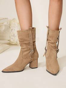 CUCCOO CHICEST Women's Fashion Versatile Commuter Buckle Pointed Toe Mid-Calf Boots - Khaki - View 5