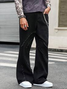 GALLERY FADE Men's Hip Hop American Street Style Patchwork Frayed Hem Flare Jeans - Black - View 4