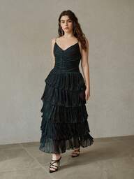 MOTF PREMIUM PLUS SIZE METALLIC PLEATED ELEGANT MIDI DRESS, SPRING/SUMMER