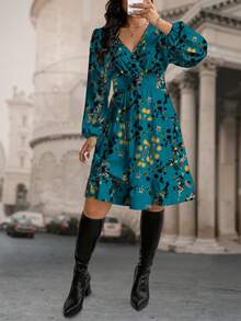EMERY ROSE Plus Size Women's Floral Print Long Sleeve Ruffle Hem Belted Midi Dress - Multicolor - View 3