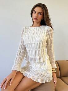 Conjunto de 2 piezas de blusa de manga larga de cuello redondo elegante y falda evasé de unicolor para mujer - Blanco - Ver 7