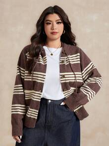 Dazy Plus Cardigan ample à capuche avec blocs de couleurs contrastés et rayures pour femmes grandes tailles, pull tricoté à manches longues pour l'automne/l'hiver