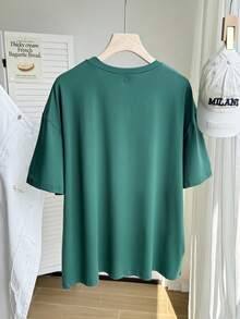 SHEIN EZwear 加号字母图案落肩 T 恤 - 墨綠色 - 查看 8