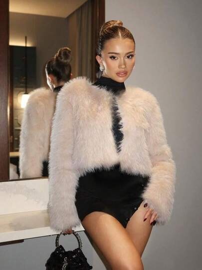 Chaqueta/Abrigo De Manga Larga De Unicolor Y Minimalista Con Textura Esponjosa Para Otoño/Invierno Para Mujer