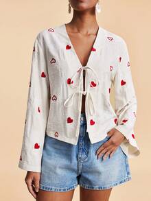 Travachic Damen Lässig Bluse mit gewebtem Herz-Stickerei, Fledermausärmel, ideal für Frühling, Sommer, Valentinstag, Strand, Lässig Urlaub, Ausgehen, Herz-Muster Stickerei, Urlaubs-Lässig, Sommerurlaub, Frühlingspause, Party, Strand, Frühling, Karnevalskostüm, Elegant - Aprikosenfarben - Übersicht 4