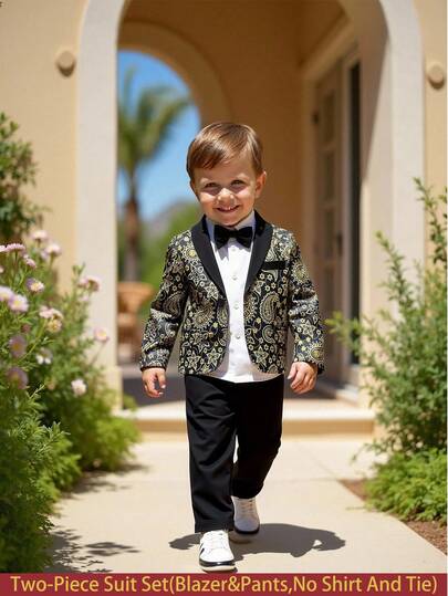 2 piezas Conjunto de traje formal de caballero para niños pequeños: Chaqueta tipo blazer de manga larga con estampado dorado y bolsillos falsos decorativos con diseño de solapa, combinada con pantalones casuales de cintura elástica negros, estilo elegante y noble adecuado para fiesta de cumpleaños, celebración de Ramadán, bautizo, boda, invitado de boda, portador de anillos, primavera/otoño