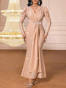 SHEIN Lady Đầm dài ren ánh kim màu sâm panh thanh lịch dành cho nữ, thích hợp dự tiệc - Rượu sâm banh - Xem 4