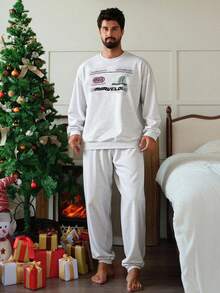 DAZY Conjunto de sudadera y pantalones de chándal con estampado de letras para hombre, ropa de estar por casa, pijamas de otoño - Gris - Ver 5