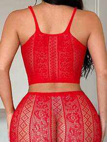ChaseTheNight 2pcs Women Bow Decor Camisole And Fishnet Stockings Sexy Lingerie Set - Red - View 7