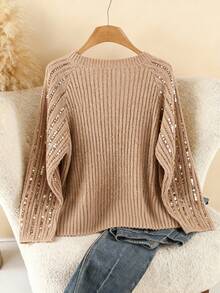 SHEIN Tall CURVE Plus Size Women Patchwork Shiny Round Neck Raglan Sleeve Fashionable Pullover Sweater - Apricot - View 2