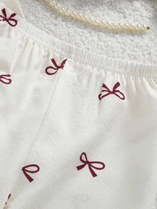 Conjunto de 2 piezas de cárdigan de manga larga y pantalones con estampado de cerezas y lazos para niña, ropa de estar en casa casual y cómoda - Albaricoque - Ver 6
