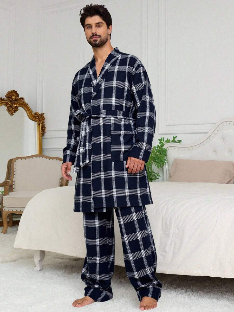 DAZY Blue Plaid Long Robe With Elastic Waist Pants Men's Sleepwear Set, Spring/Autumn - Blue - View 1