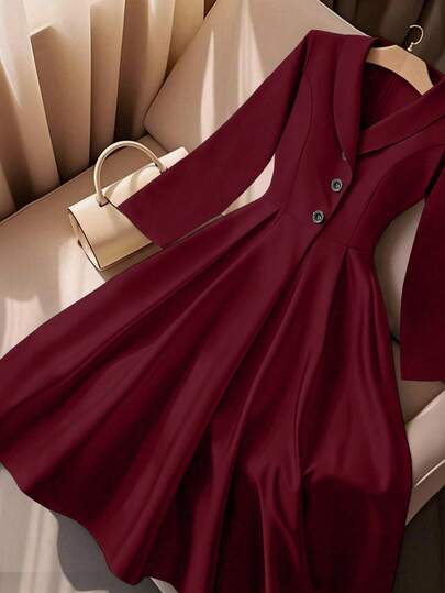 GlowEve CURVE 大码女士优雅翻领长袖半开襟收腰休闲长连衣裙，冬季