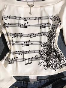 SHEIN Tween Girl Retro Off-The-Shoulder Long-Sleeved Top, Children's Note Printed Slim-Fit T-Shirt, Fashionable And Versatile, Striped Retro Y2k, Textured Fabric, Casual And Versatile, Sisters' Gift, Suitable For Back-To-School Season Clothing, Festival Gift, Spring, Summer And Autumn - White - View 3