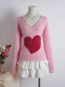 SHEIN Unity Casual Women's Pink V Neck Long Sleeve Heart Pattern Knitwear Pullover Sweater With Rib-Knit Details - Pink - View 1