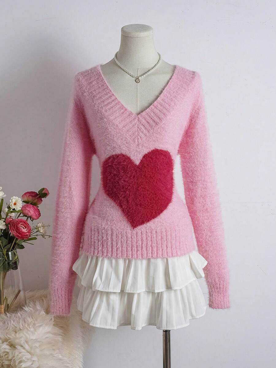 SHEIN Unity Casual Women's Pink V Neck Long Sleeve Heart Pattern Knitwear Pullover Sweater With Rib-Knit Details - Pink - View 1