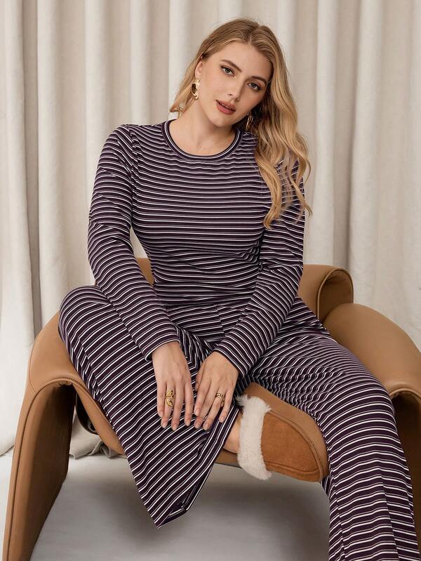 Auralis Plus Size Women Casual Homewear Pajama Set, Striped Crew Neck Long Sleeve T-Shirt And Loose Straight Leg Striped Pants, Autumn/Winter/Spring Outfits For Women