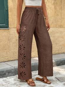 SHEIN Frenchy Women's Solid Color Hollow Out Twist Casual Pants - Chocolate Brown - View 3