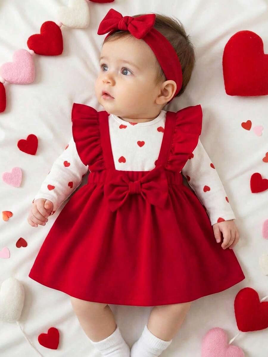 Bộ đồ liền thân dệt kim 2 trong 1 họa tiết trái tim viền bèo nhún dễ thương và thanh lịch cho bé gái sơ sinh - Đỏ - Xem 1