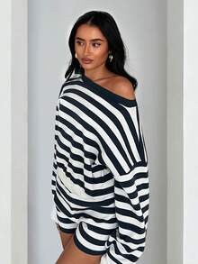Glamine 2pcs Women's Casual Colorblock Striped Loose Knit Sweater Set, Autumn/Winter - Multicolor - View 6