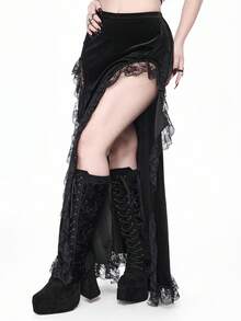 ROMWE Váy xòe cao xếp ly ren và nhung Gothic cỡ lớn cho nữ - màu đen - Xem 12