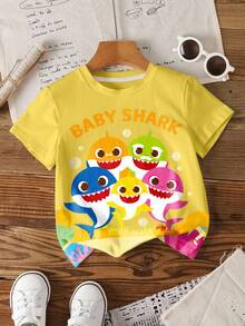 BABY SHARK X SHEIN Young Boy Cute Cartoon Shark Print Round Neck Short Sleeve T-Shirt, Summer - White - View 1