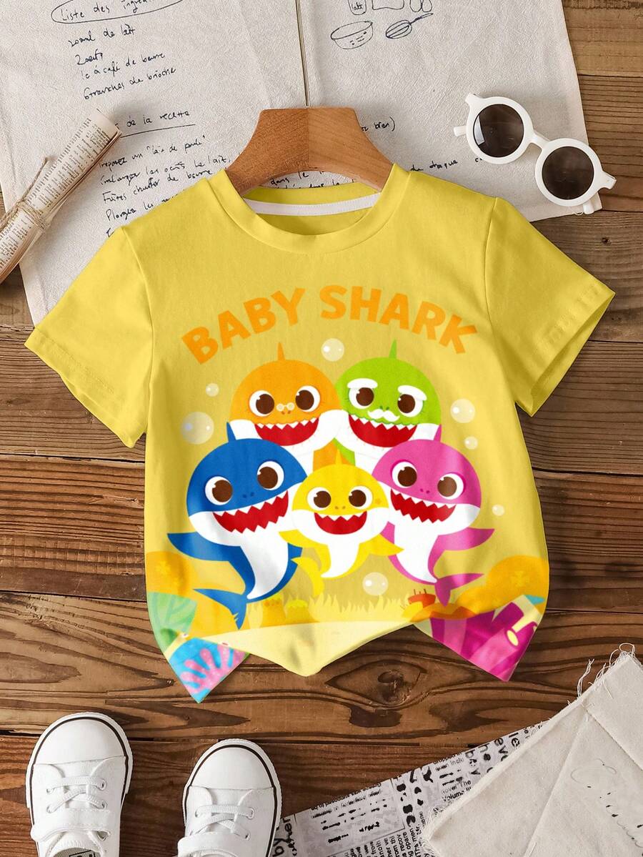 BABY SHARK X SHEIN Young Boy Cute Cartoon Shark Print Round Neck Short Sleeve T-Shirt, Summer - White - View 1