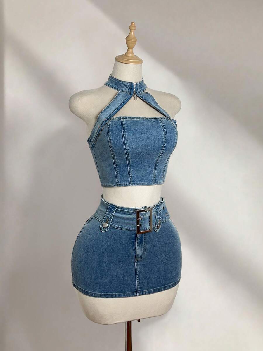 Elamini 时尚性感露背吊带短款上衣和迷你牛仔裙套装 - 淺色水洗藍 - 查看 1