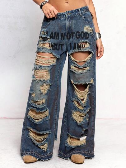 J-Fashion Jeans larghi da donna con stampa graffiti consumati e oversize