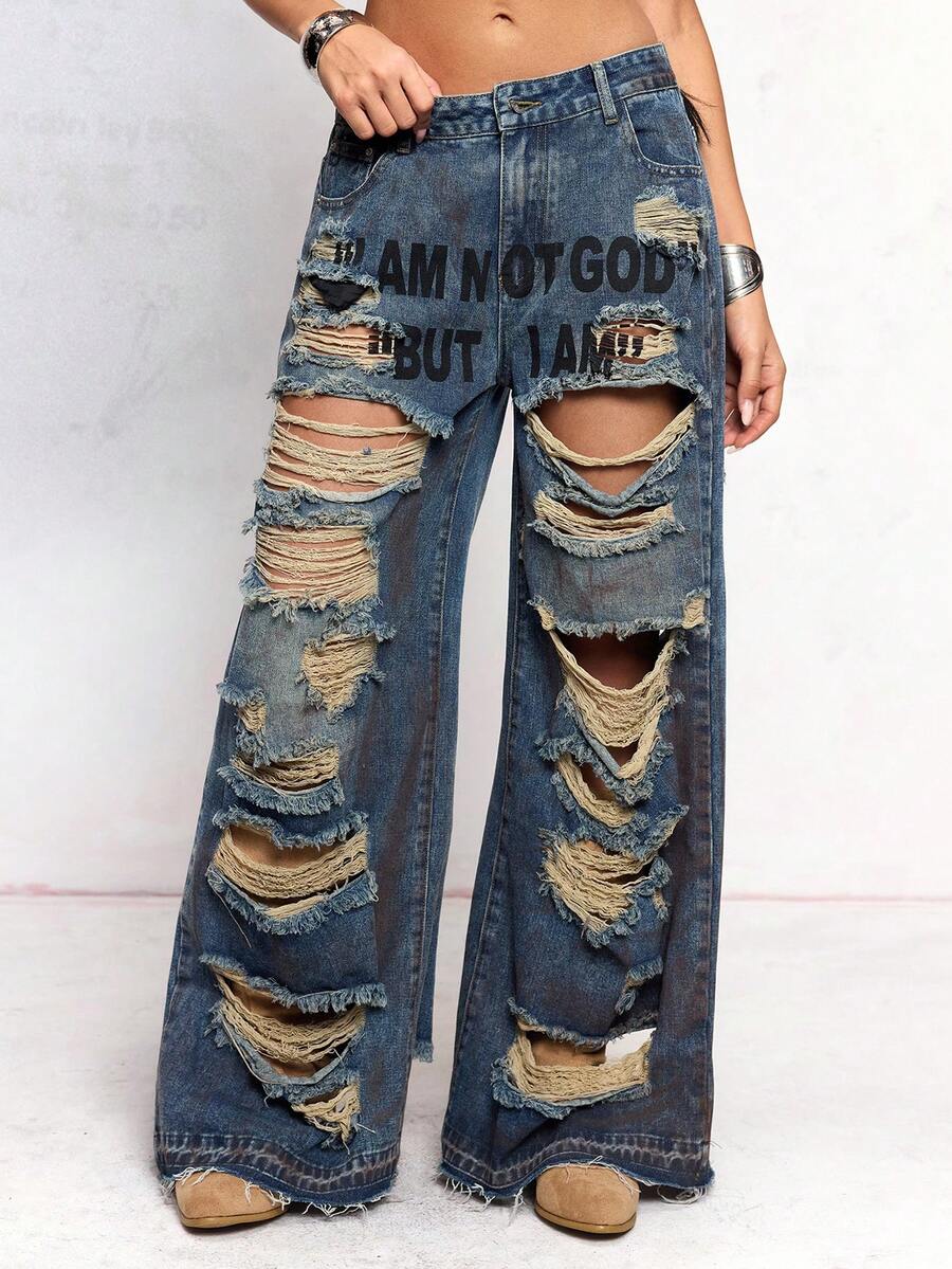 ROMWE J-Fashion Quần jean nữ dáng rộng in họa tiết graffiti cỡ lớn - Nhiều màu - Xem 1