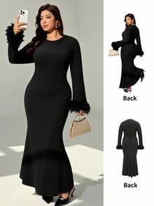 Auralis Neues stilvolles pelziges Patchwork Kleid mit geraffter Taille und schlanker Silhouette, vielseitiger einfarbiger schwarzer Fishtail-Abendmantel mit hoher Dehnbarkeit, geeignet für Konzerte, Aufführungen, Dates, formelle Abendessen, Galas, Hochzeiten, Valentinstag, Partys, sexy, Geburtstagsfeiern - Schwarz - Übersicht 6