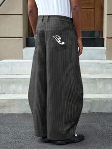 SWAVVY Men's Fashionable Casual Loose Fit Stripe Embroidered Long Pants , Fall Men Wide Leg Pants Men Baggy Wide Pants Pleated Pants Men Designer Pants Japanese Pants Barrel Pants Pinstripe Pants Linen - Dark Grey - View 9