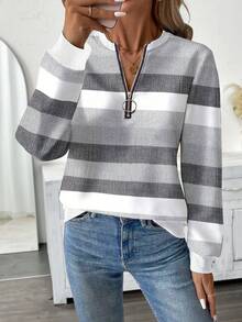 EMERY ROSE Áo nỉ cổ tròn in họa tiết sọc giản dị có khóa kéo cỡ lớn dành cho nữ - Nhiều màu - Xem 4