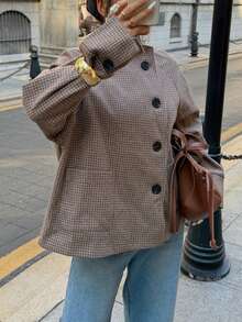 Elyressa Plaid Print Stand Collar Button Front Elegant Long Sleeve Jacket