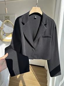 Comfortcana Plus Lapel Neck Crop Blazer Graduation,Back To School,Teacher Outfits For Women In Fall/Winter - Black - View 4