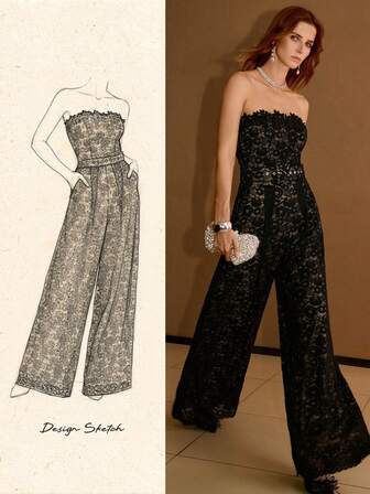 MOTF PREMIUM Damen Spitze Blumen Stickerei Bandeau Weites Bein Jumpsuit