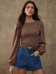 WESTFADE 格纹梭织船领长泡泡袖褶皱荷叶边下摆修身上衣