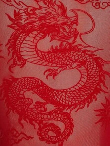 SHEIN ICON 印花外出颓废风薄纱性感龙纹植绒网眼拼接短袖连体衣 - 紅色 - 查看 7