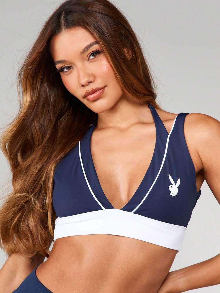 Missguided x Playboy Navy Blue V Neck Crop Sports Bra With White Contrast Band And Iconic Bunny Logo For Athletic Training And Active Lifestyle