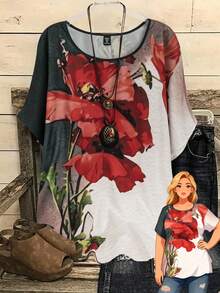 Rusticease Plus Size Women's Summer Floral Printed Round Neck Casual Blouse - Multicolor - View 1