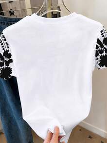 Camiseta de mujer de manga corta con cuello redondo, estampado de bandera americana y letras en bloques de color - Multicolor 8 - Ver 2
