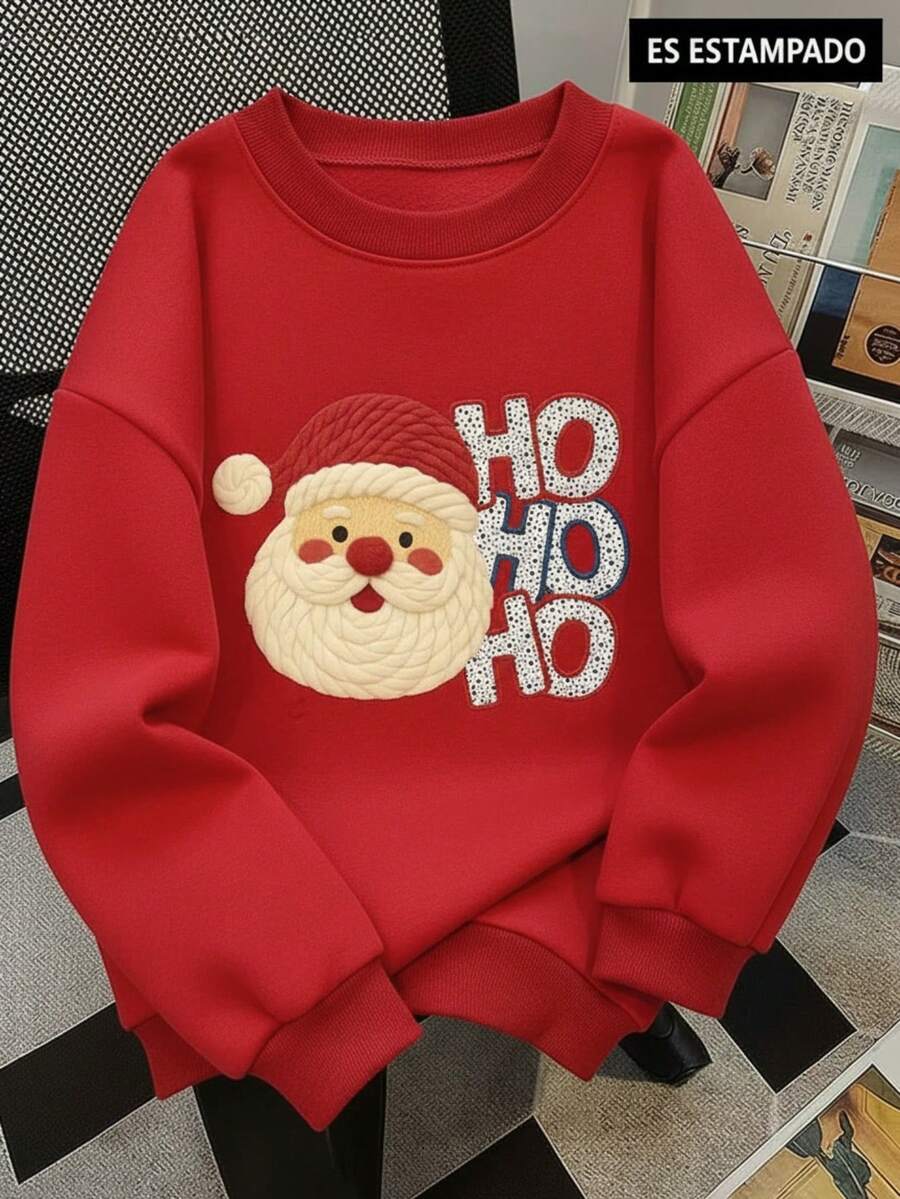 Sudadera femenina mujer casual estampado cuello redondo manga larga pino arbolito estrella letras tipo bordado navidad diseño divertido tela gruesa holgada otoño invierno para fiestas casa calle escuela cool tejido brillos cuernos - Rojo - Ver 1