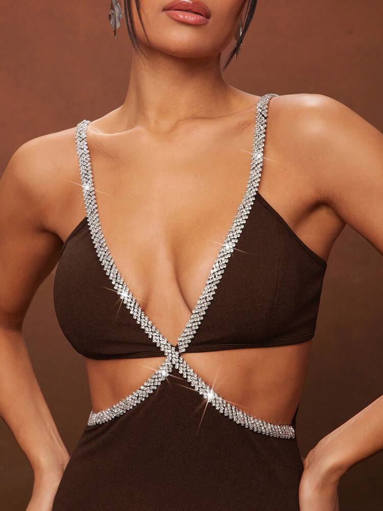 Hauture Vestido Mini Recortado com Detalhe de Alça de Strass - Castanho - Visão 5
