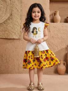 SHEIN Young Girl Cute Ditsy Floral Color Block Patchwork Cap Sleeve Casual Dress, Floral Patchwork Middle Eastern Festival Daily Versatile - Multicolor - View 3