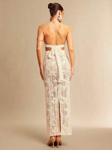 Silquee 2件套女士网纱编织花卉装饰透视套装，春夏款 - 白色 - 查看 2