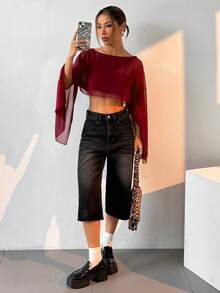 SHEIN EZwear 女士时尚性感纯色短款衬衫 - 紅色 - 查看 4