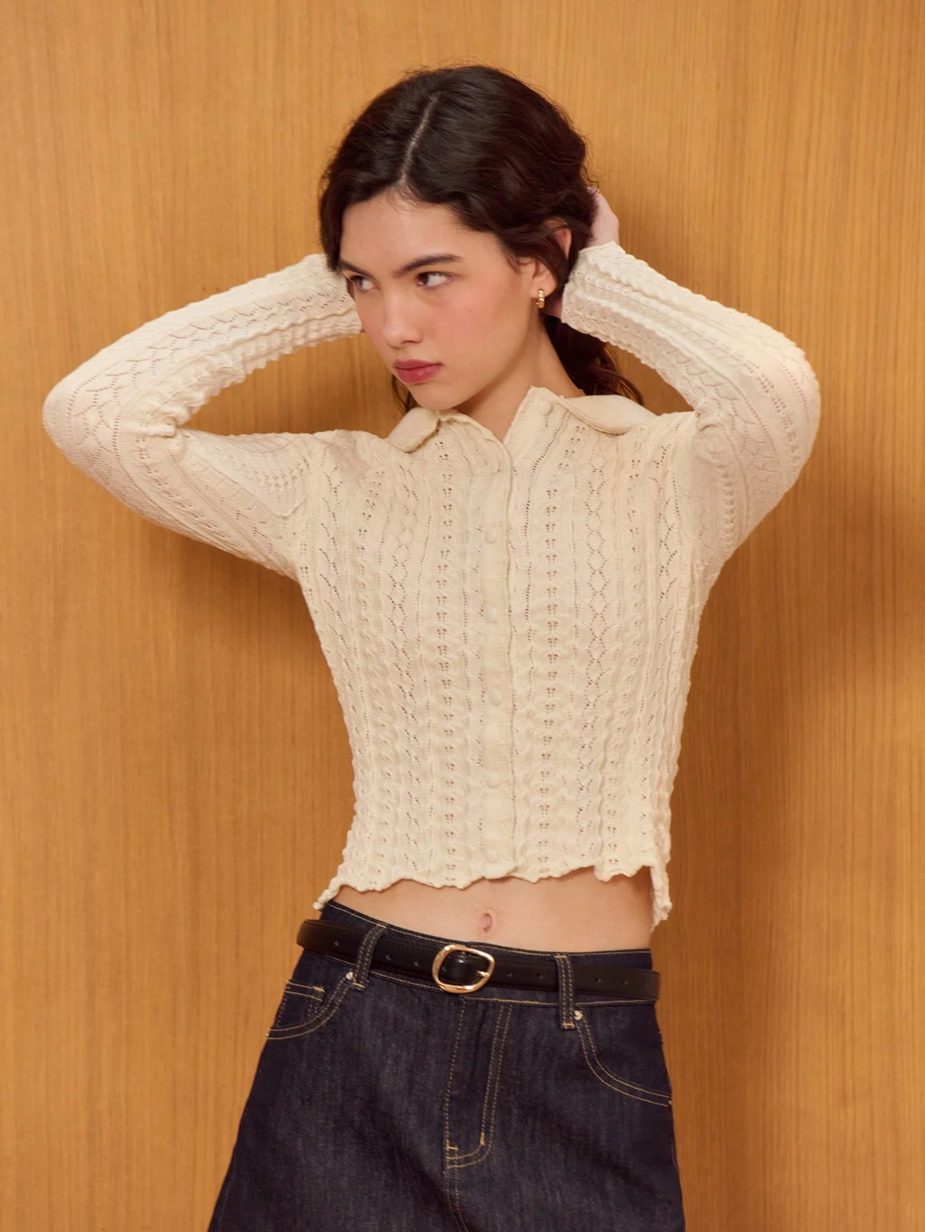 Vintage Cream Textured Knit Cardigan With A Rounded Collar And A Scalloped Hem Spring Summer Knit Top Cute Knit Top Fitted Cream Top Women