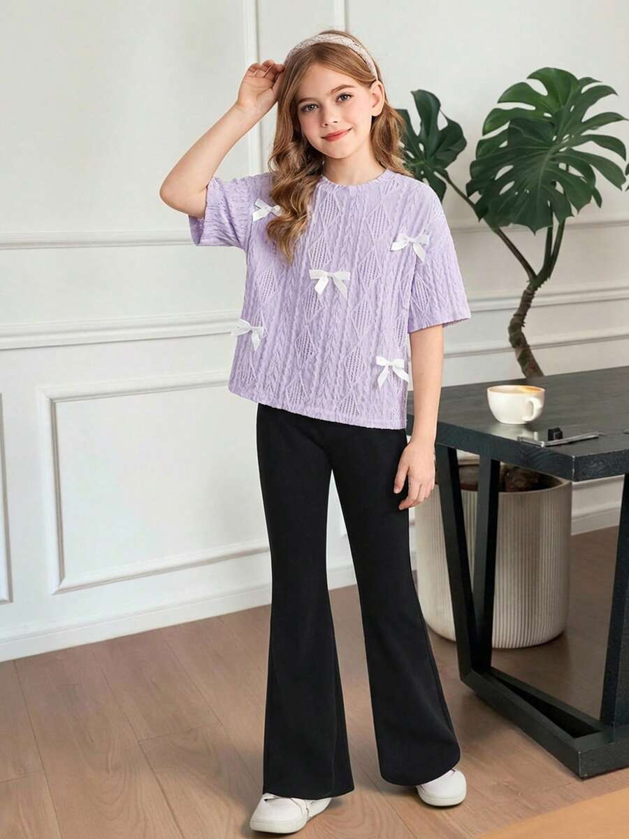 SHEIN Serisse Kids 少女宽松针织提花圆领套头衫和喇叭裤两件套 - 淡紫色 - 查看 1